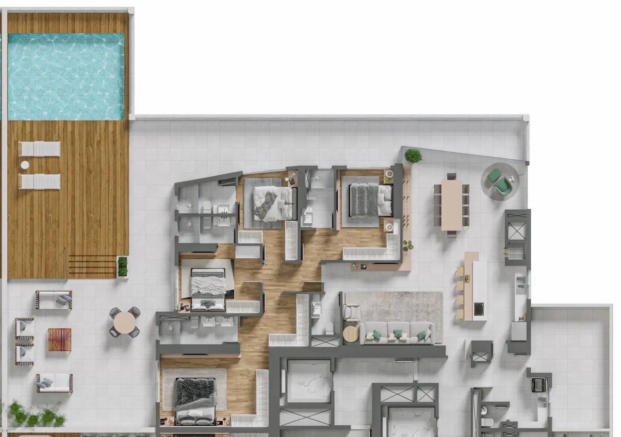 Apartamento diferenciado à venda no Centro: Planta do diferenciado de 404,86 m²: 4 suítes e terraço com piscina privativa e deck