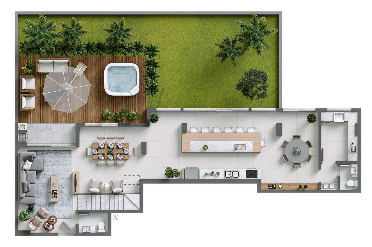 Apartamento diferenciado à venda no Praia Brava: Planta do pavimento inferior: living, cozinha com ilha, jardim e deck com spa (ilustrativa)