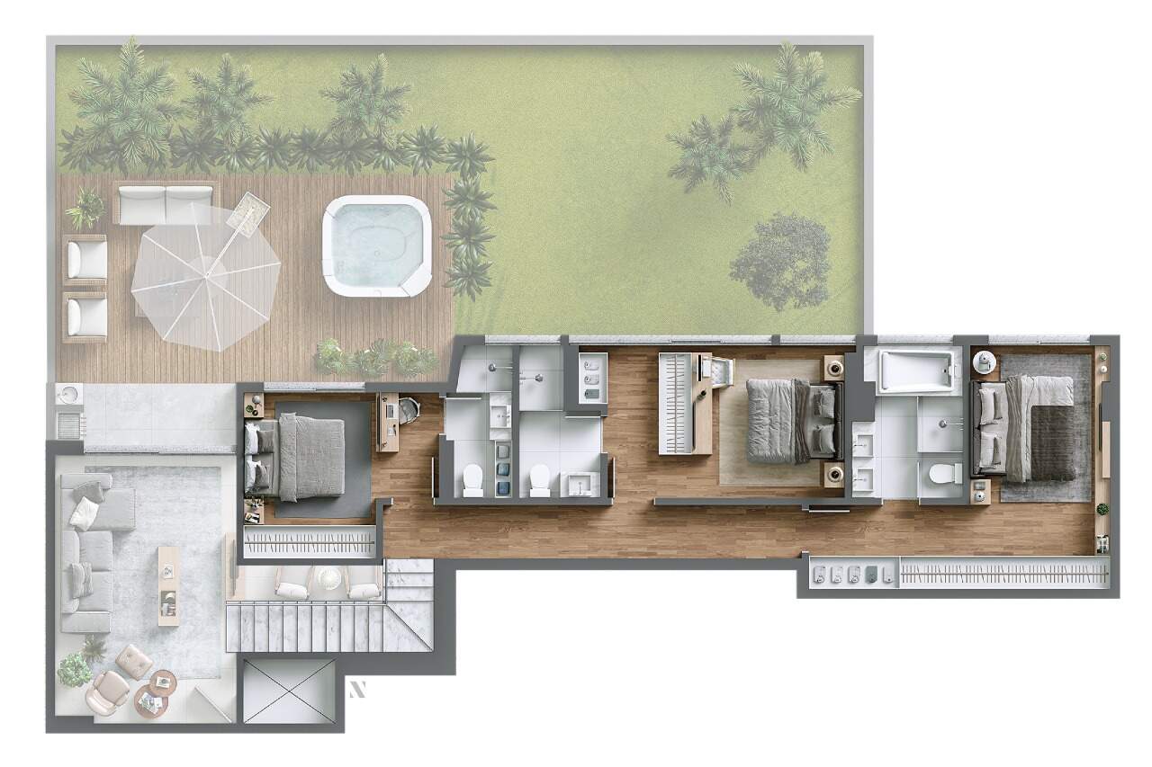 Apartamento diferenciado à venda no Praia Brava: Planta do pavimento superior, com as 3 suítes e o vazio do living (imagem ilustrativa)