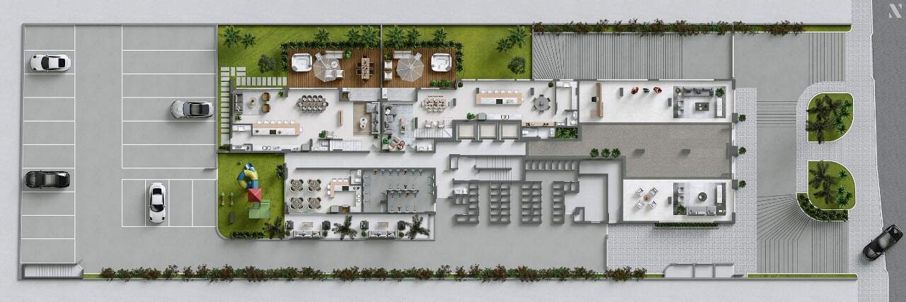 Apartamento diferenciado à venda no Praia Brava: Implantação do pavimento de acesso, com os jardins dos gardens e o paisagismo (ilustrativa)