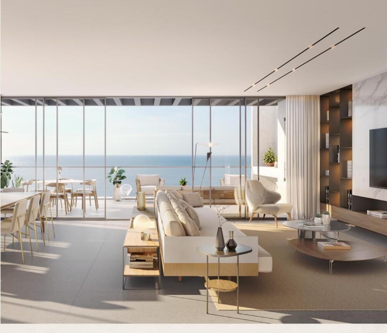 Cobertura à venda no Praia Brava: Living integrado com vidro do piso ao teto e o mar à frente (imagem ilustrativa)