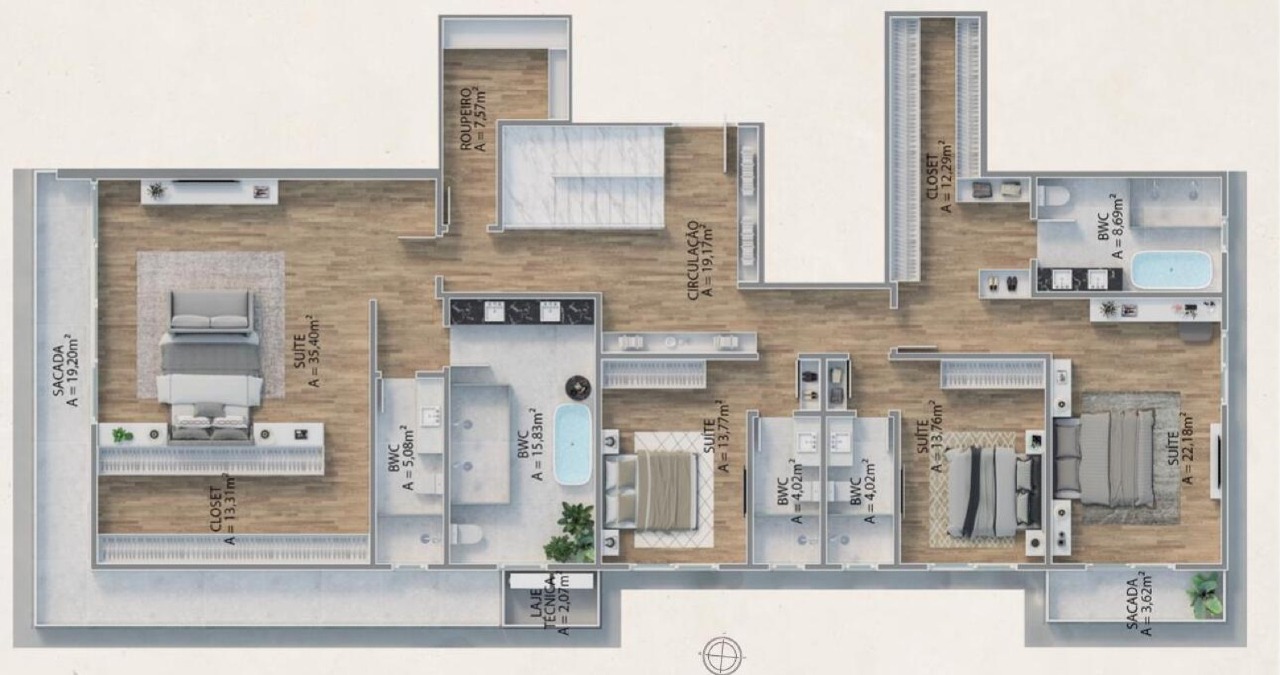 Cobertura à venda no Praia Brava: Planta do piso inferior da cobertura de fundos: 4 suítes e sacada com vista para o mar