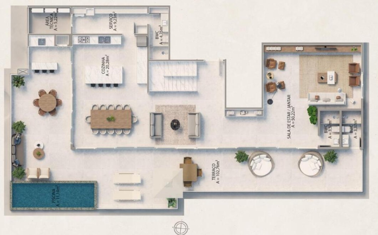 Cobertura à venda no Praia Brava: Planta do piso superior da cobertura de fundos: living, cozinha, terraço de 102 m² e piscina
