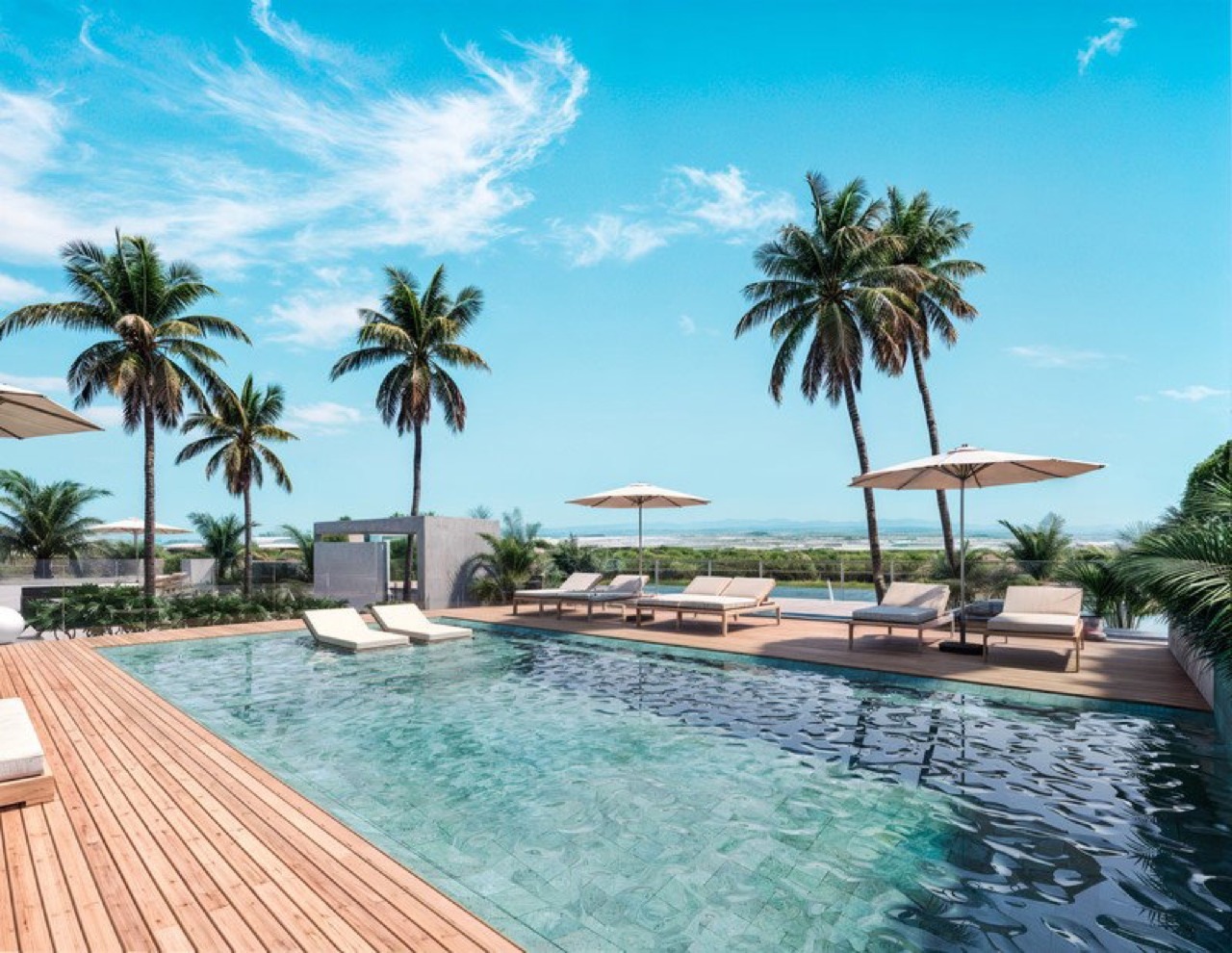 Cobertura à venda no Praia Brava: Piscina com deck, coqueiros e o mar ao fundo (imagem ilustrativa)