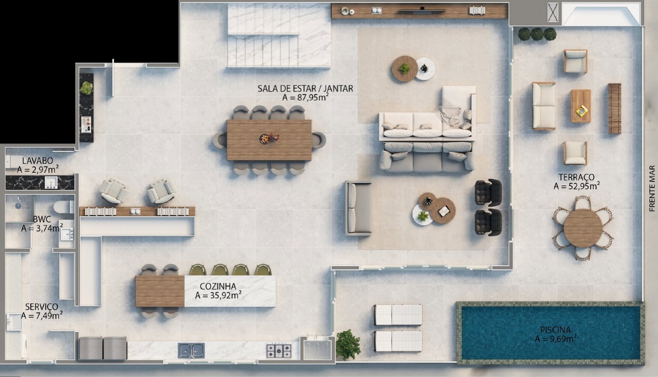 Cobertura à venda no Praia Brava: Planta do piso social: living, cozinha, terraço e piscina privativa (imagem ilustrativa)
