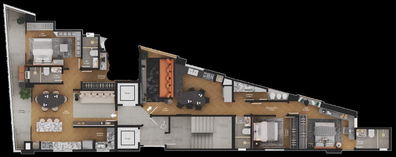 Apartamento à venda no Fazenda: Planta do pavimento tipo, com dois apartamentos por andar; à direita, o de 76,03 m²