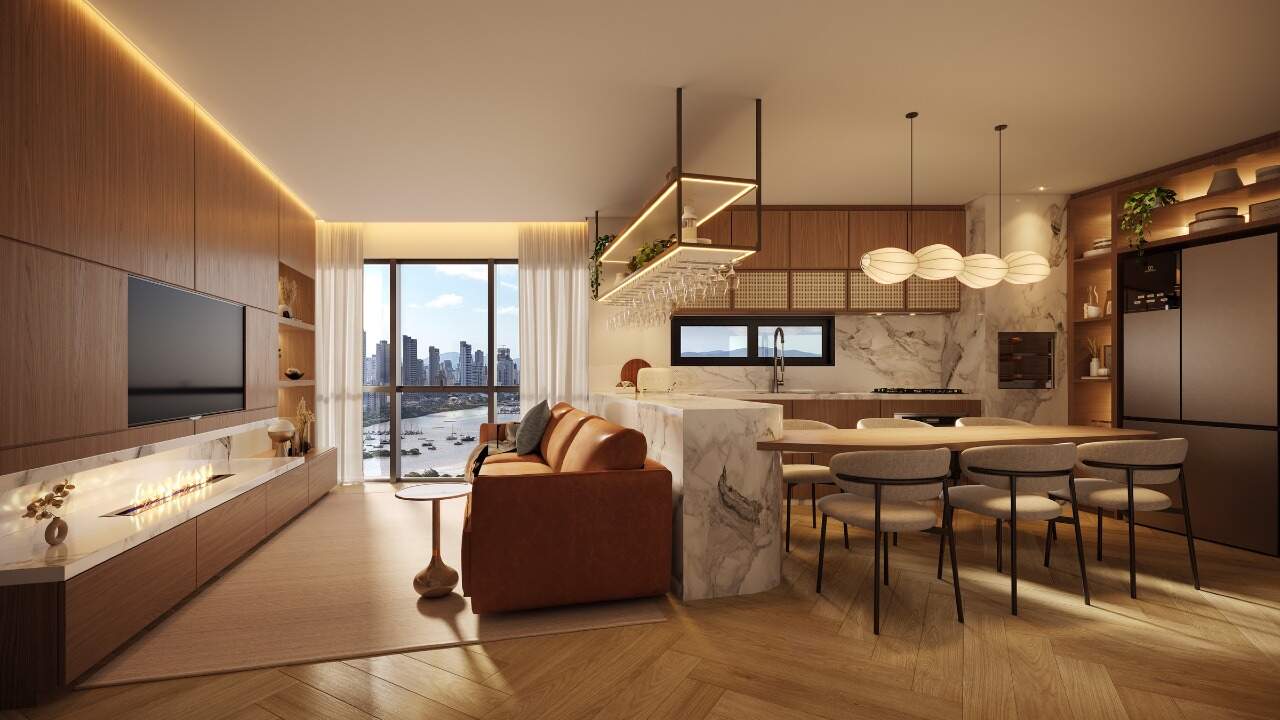 Apartamento à venda no Fazenda: Living integrado à cozinha do apartamento de 76 m² (imagem ilustrativa)