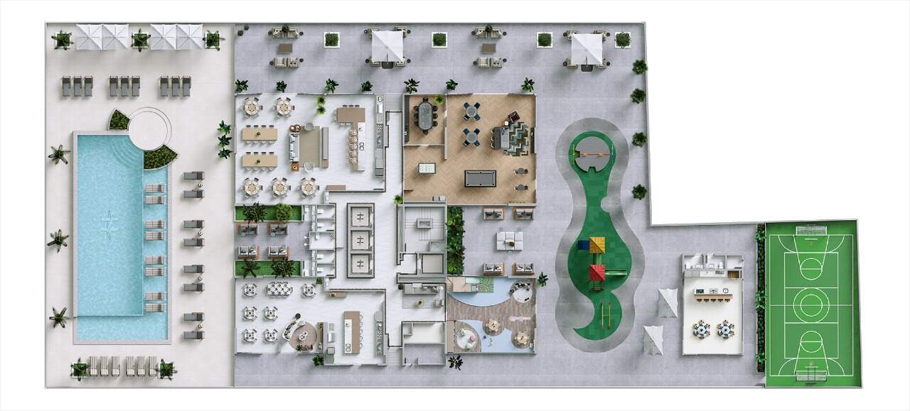 Apartamento à venda no Centro: Planta do lazer externo, com piscinas, salões, playground e quadra poliesportiva