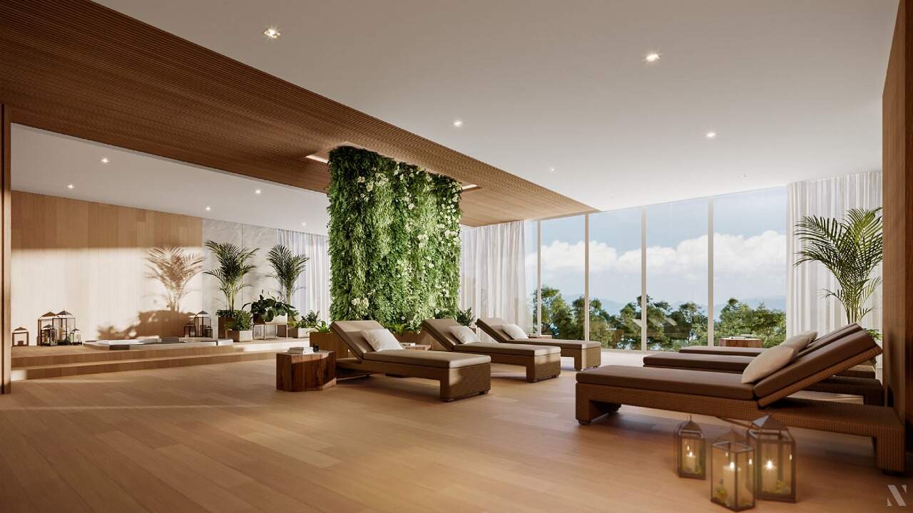 Apartamento à venda no Centro: Área de descanso do spa, com espreguiçadeiras e jardim vertical (imagem ilustrativa)