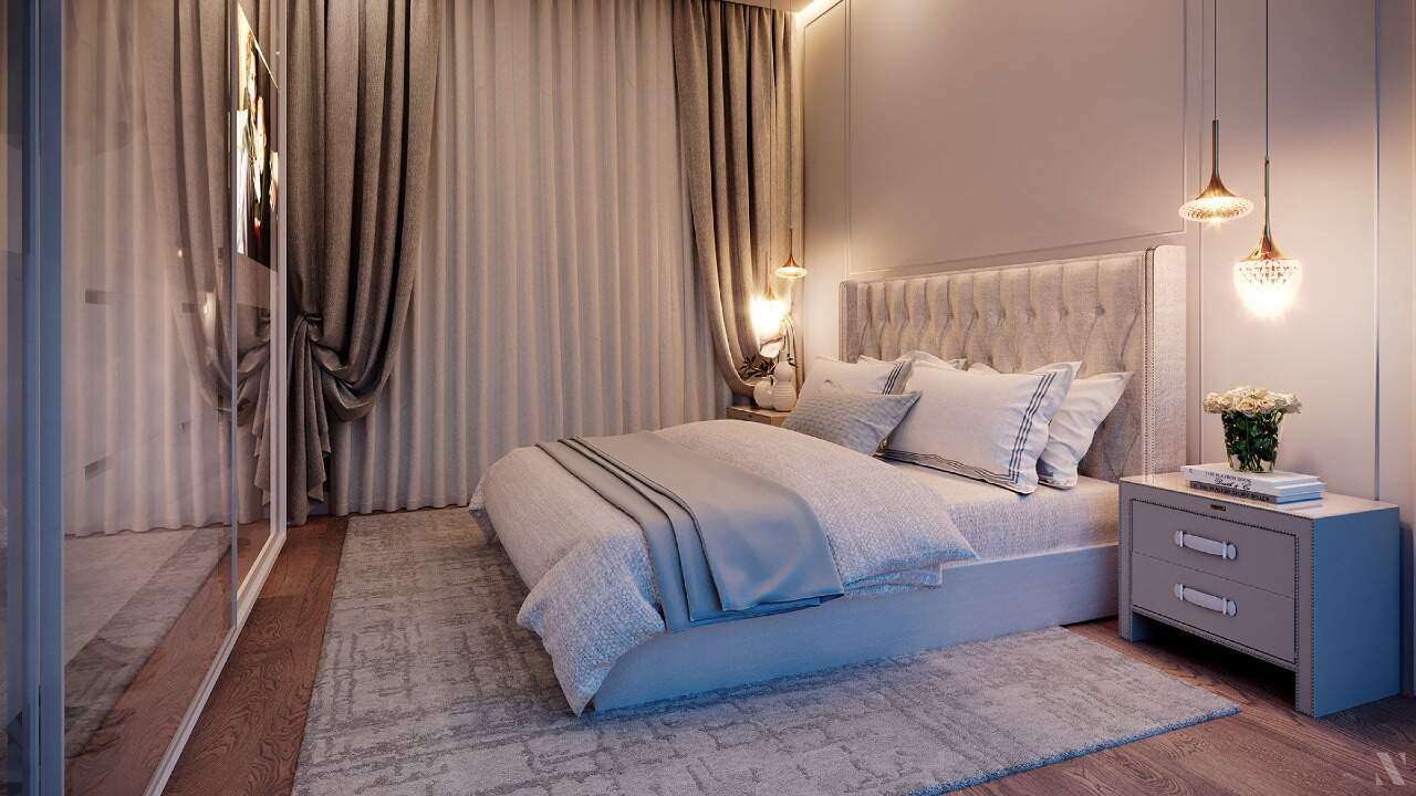 Apartamento à venda no Centro: Suíte do apartamento decorado, com cama de casal e cortinas (imagem ilustrativa)