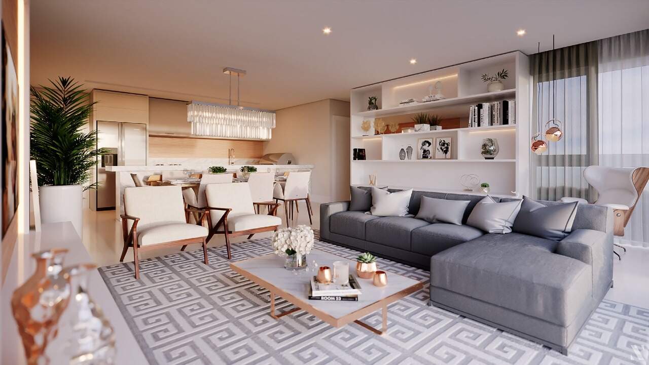 Apartamento à venda no Centro: Living integrado à sala de jantar e à cozinha no apartamento decorado (imagem ilustrativa)