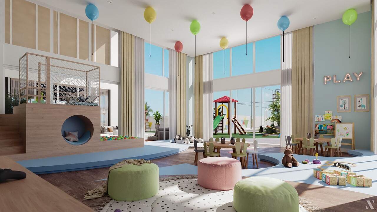 Apartamento à venda no Centro: Brinquedoteca com área de brincar e pufes coloridos (imagem ilustrativa)