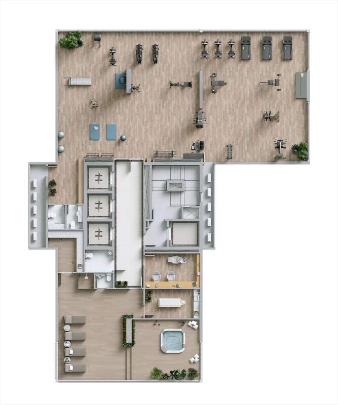 Apartamento à venda no Centro: Planta do pavimento de academia e spa, com hidromassagem