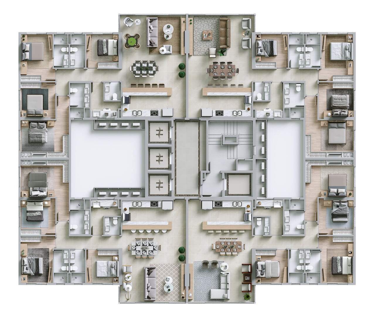 Apartamento à venda no Centro: Planta humanizada do pavimento tipo, com quatro apartamentos de 4 dormitórios por andar