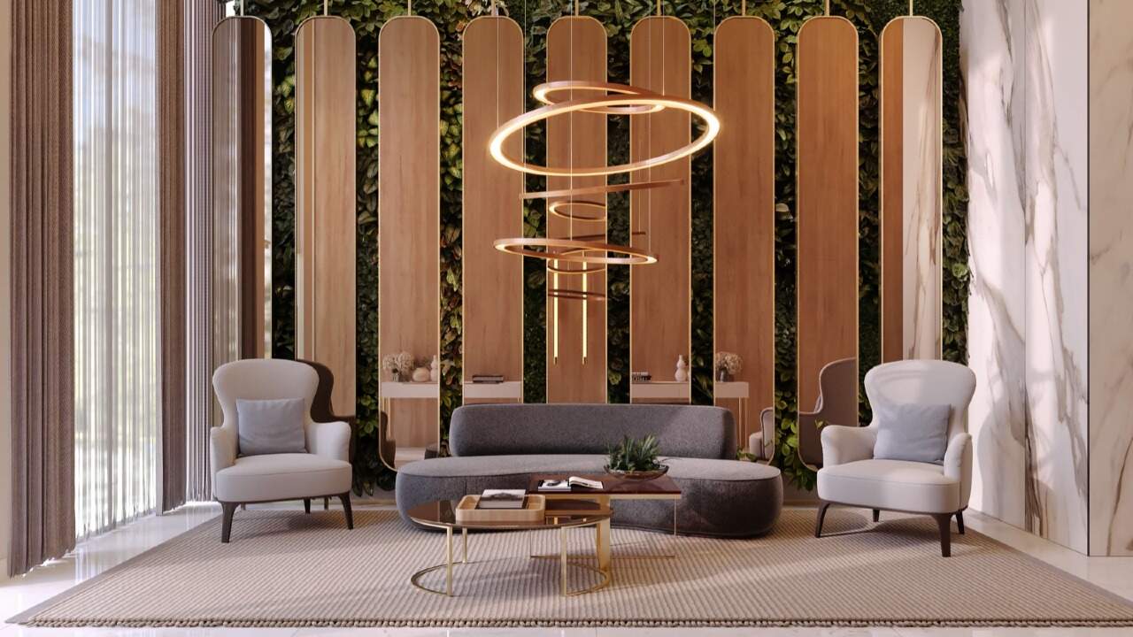 Apartamento à venda no Praia Brava: Hall com painel de madeira e poltronas (imagem ilustrativa)