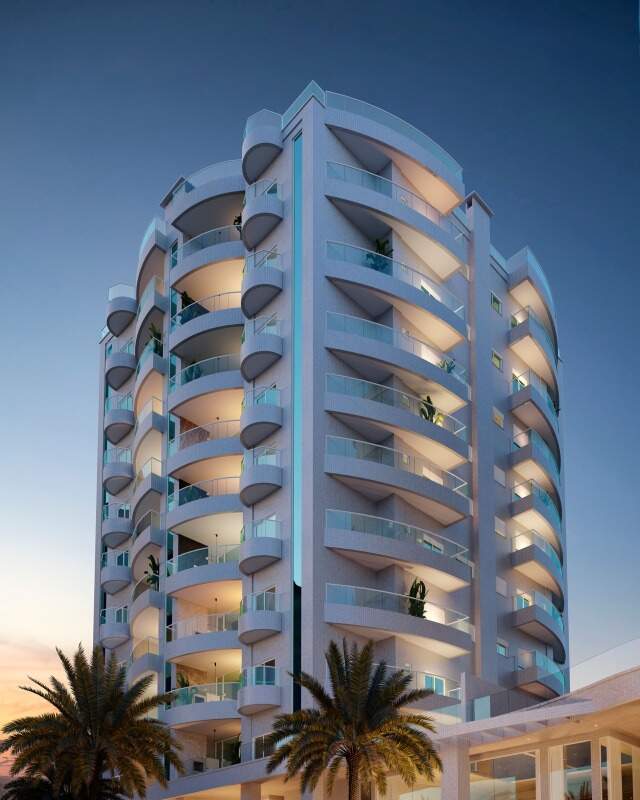 Apartamento à venda no Praia Brava: Torre com sacadas curvas ao entardecer (imagem ilustrativa)