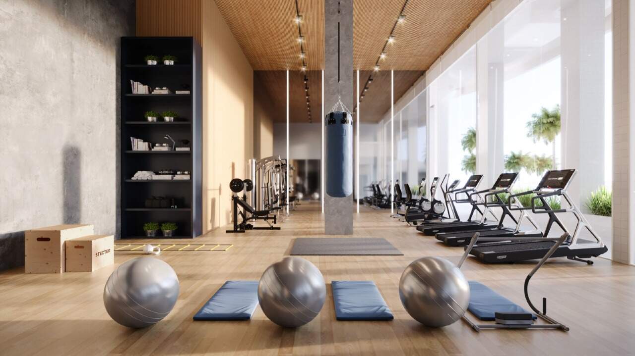 Apartamento à venda no Praia Brava: Academia com esteiras e área de treino funcional (imagem ilustrativa)
