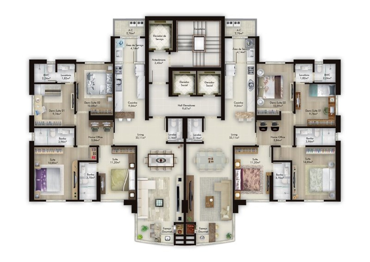Apartamento à venda no Pioneiros: Planta do pavimento tipo do Império das Ondas: dois apartamentos espelhados de 4 dormitórios