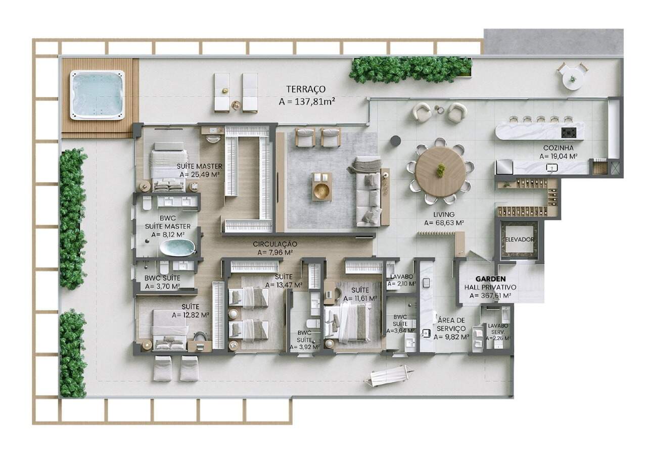 Apartamento à venda no Praia Brava: Planta do apartamento garden, 367,61 m², com terraço e ofurô