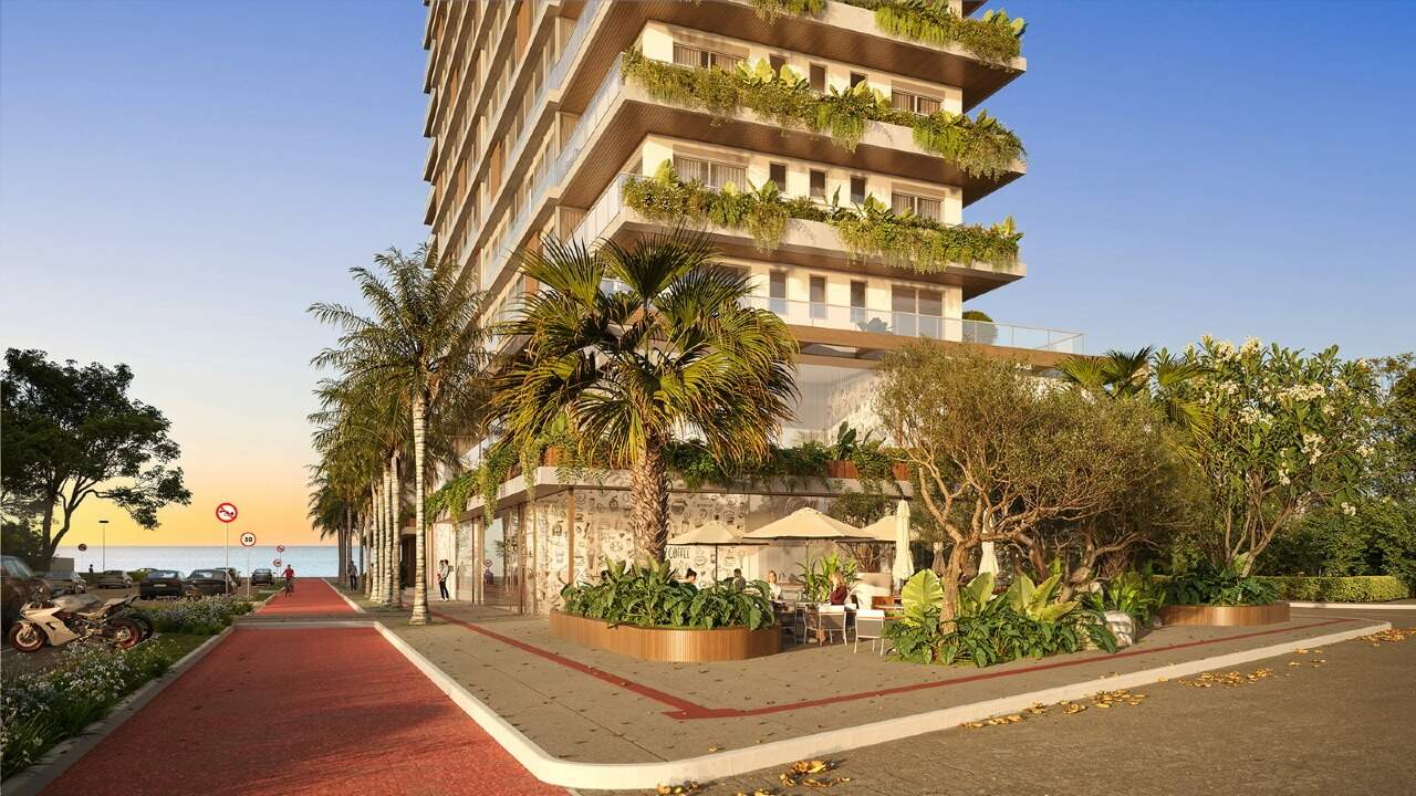 Apartamento à venda no Praia Brava: Praça com mesas junto às salas comerciais do Brava Concetto (imagem ilustrativa)