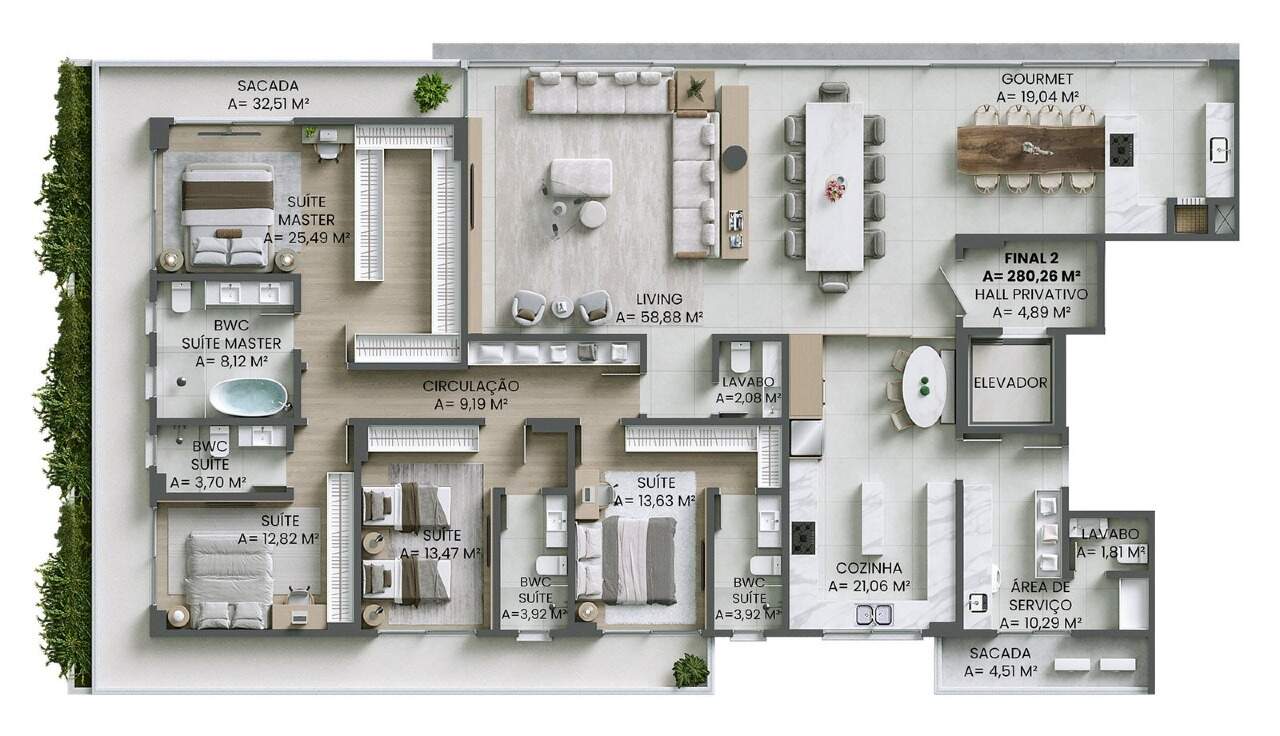 Apartamento à venda no Praia Brava: Planta do apartamento final 2, 280,26 m² com 4 suítes