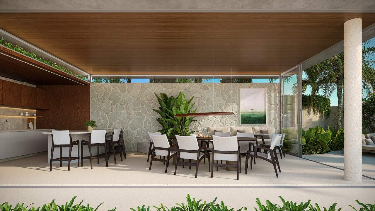 Apartamento à venda no Praia Brava: Cozinha e mesa do espaço gourmet com piscina privativa (imagem ilustrativa)