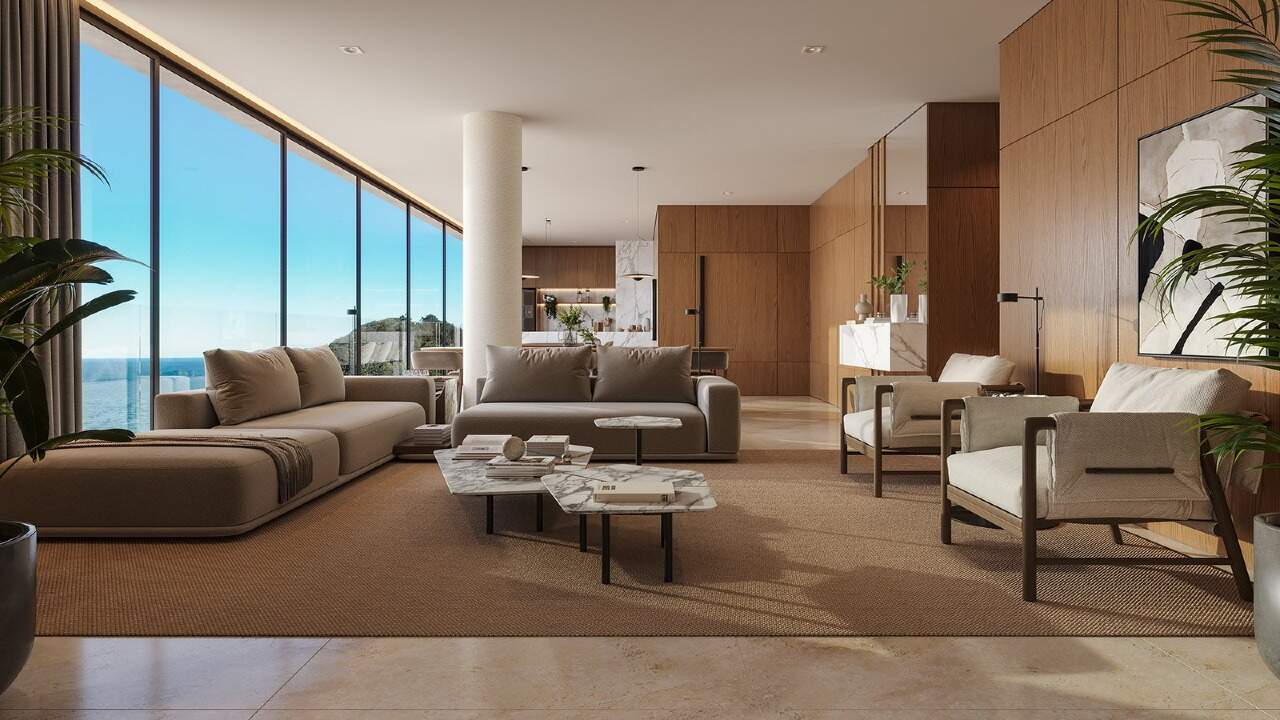 Apartamento à venda no Praia Brava: Living decorado do final 2; a vista do render é de andar alto (imagem ilustrativa)
