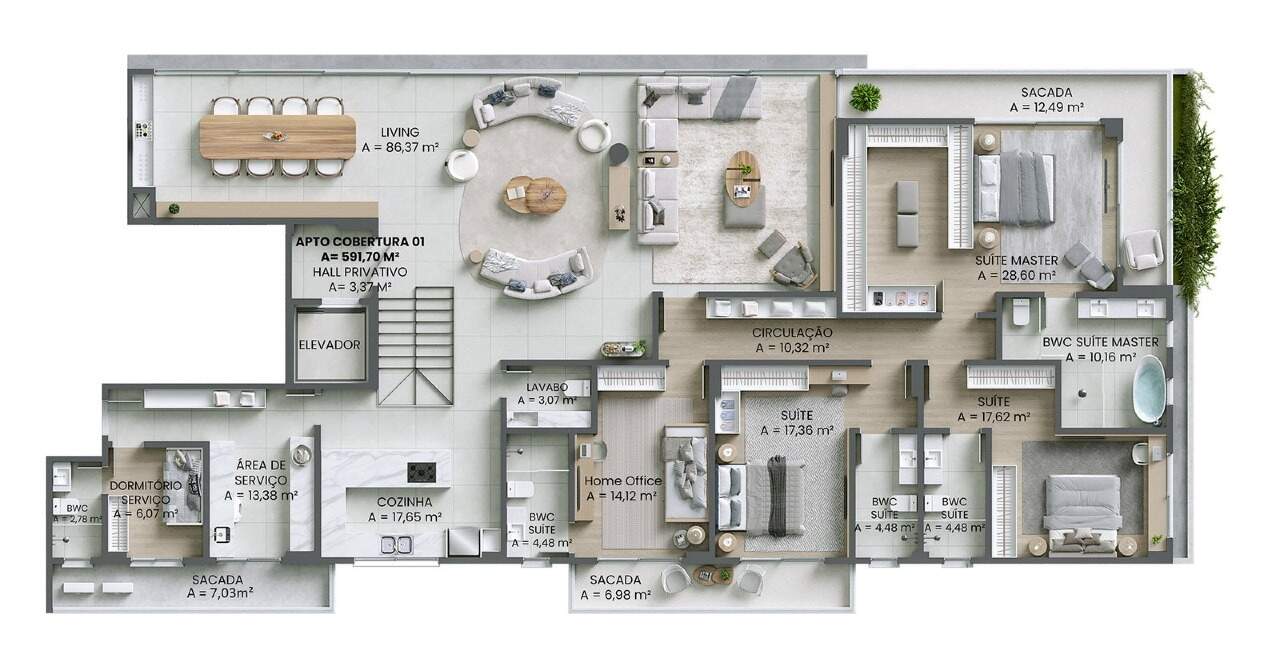 Cobertura à venda no Praia Brava: Cobertura duplex final 1, 591,70 m²: pavimento inferior com as suítes