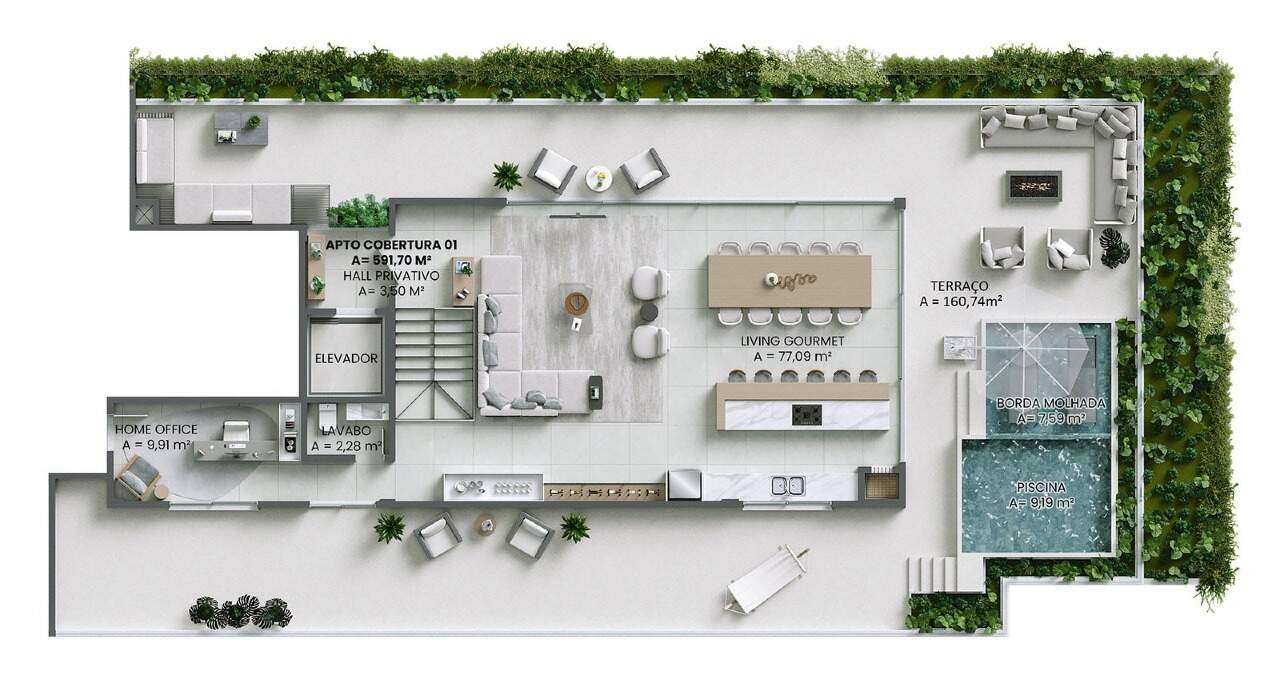 Cobertura à venda no Praia Brava: Cobertura duplex final 1: pavimento superior com terraço e piscina