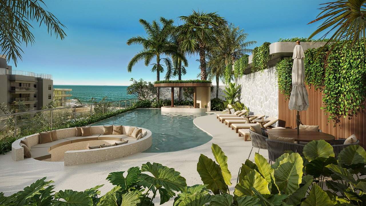 Cobertura à venda no Praia Brava: Piscina com lareira ao ar livre e bar molhado (imagem ilustrativa)