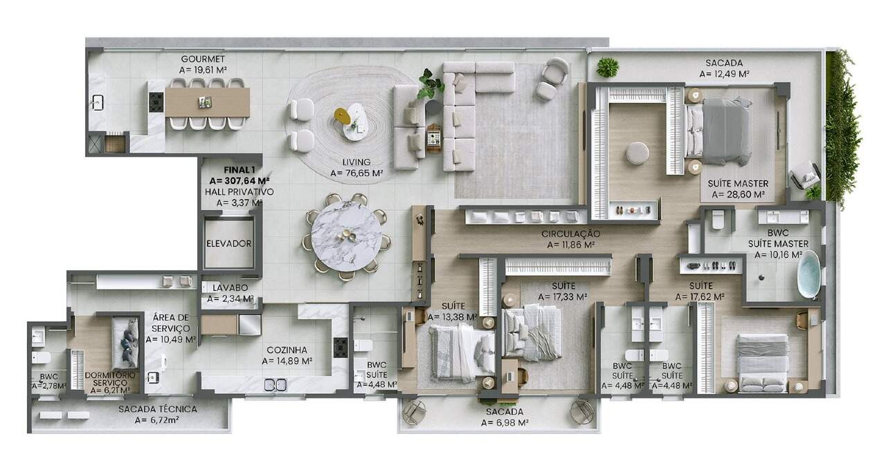 Apartamento à venda no Praia Brava: Planta do apartamento final 1, 307,64 m² com 4 suítes e dependência