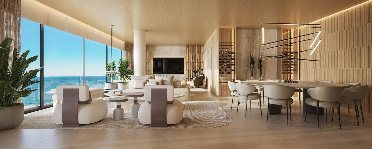 Apartamento à venda no Praia Brava: Living decorado do final 1; a vista do render é de andar alto (imagem ilustrativa)