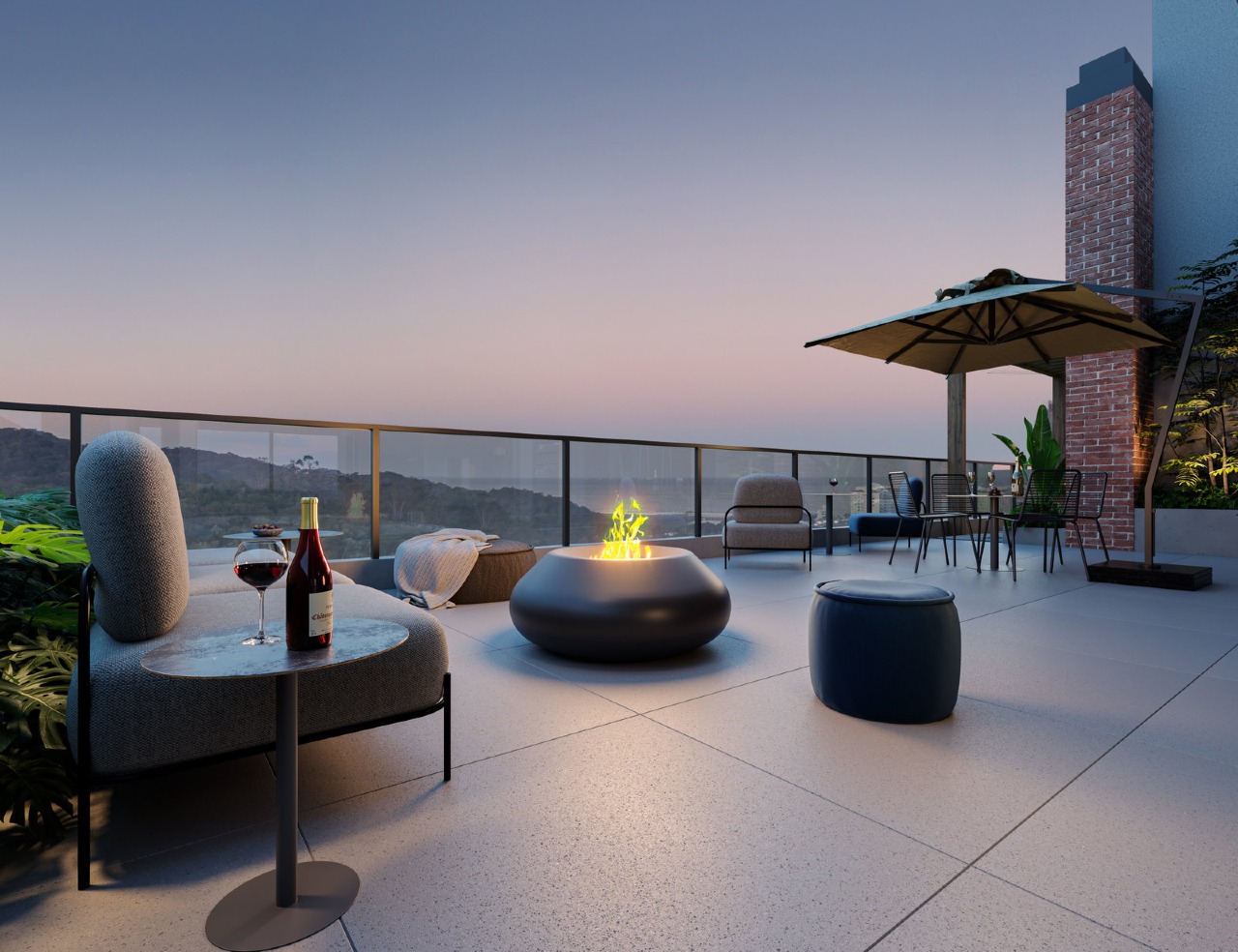 Apartamento à venda no Praia Brava: Lounge externo com vista para os morros (imagem ilustrativa)