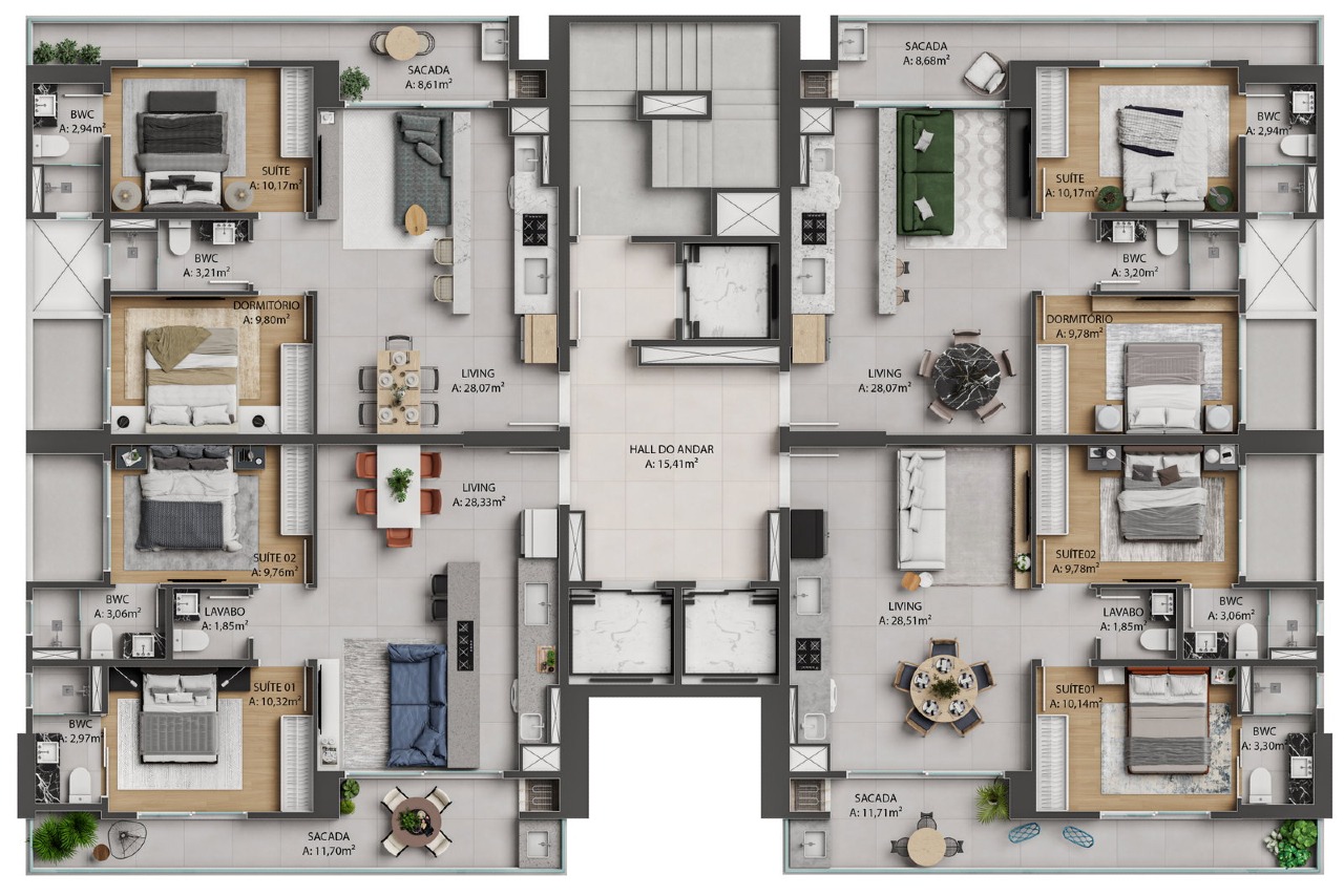 Apartamento à venda no Praia Brava: Planta do pavimento tipo do Brava Park, com os apartamentos de 2 suítes