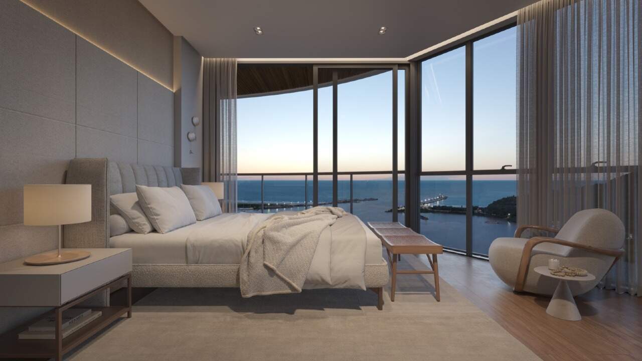 Apartamento à venda no Fazenda: Suíte principal com janelas do piso ao teto (imagem ilustrativa)