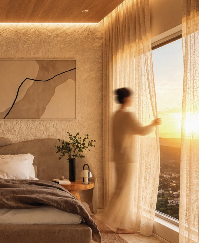 Apartamento à venda no Pioneiros: Suíte ao entardecer, com janela ampla e cortinas leves (imagem ilustrativa)