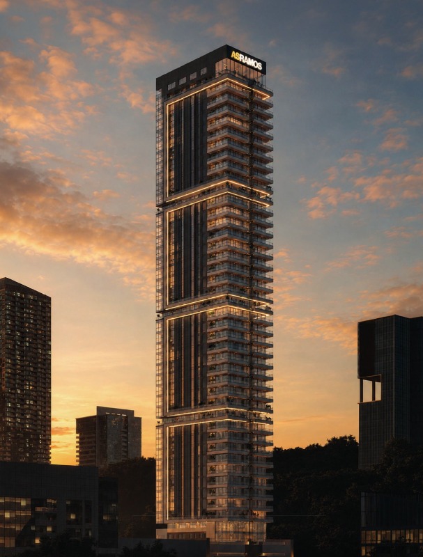 Apartamento à venda no Pioneiros: Torre de 50 pavimentos do Palazzo Giardino ao entardecer (imagem ilustrativa)
