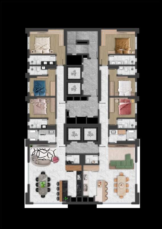 Apartamento à venda no Pioneiros: Planta do apartamento de 132 m² com 3 suítes; os dois apartamentos do andar são espelhados