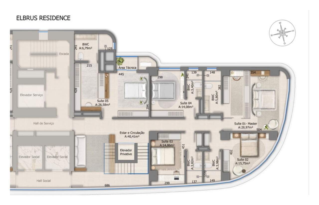 Cobertura à venda no Centro: Planta do pavimento das suítes da cobertura triplex final 01: cinco suítes e estar