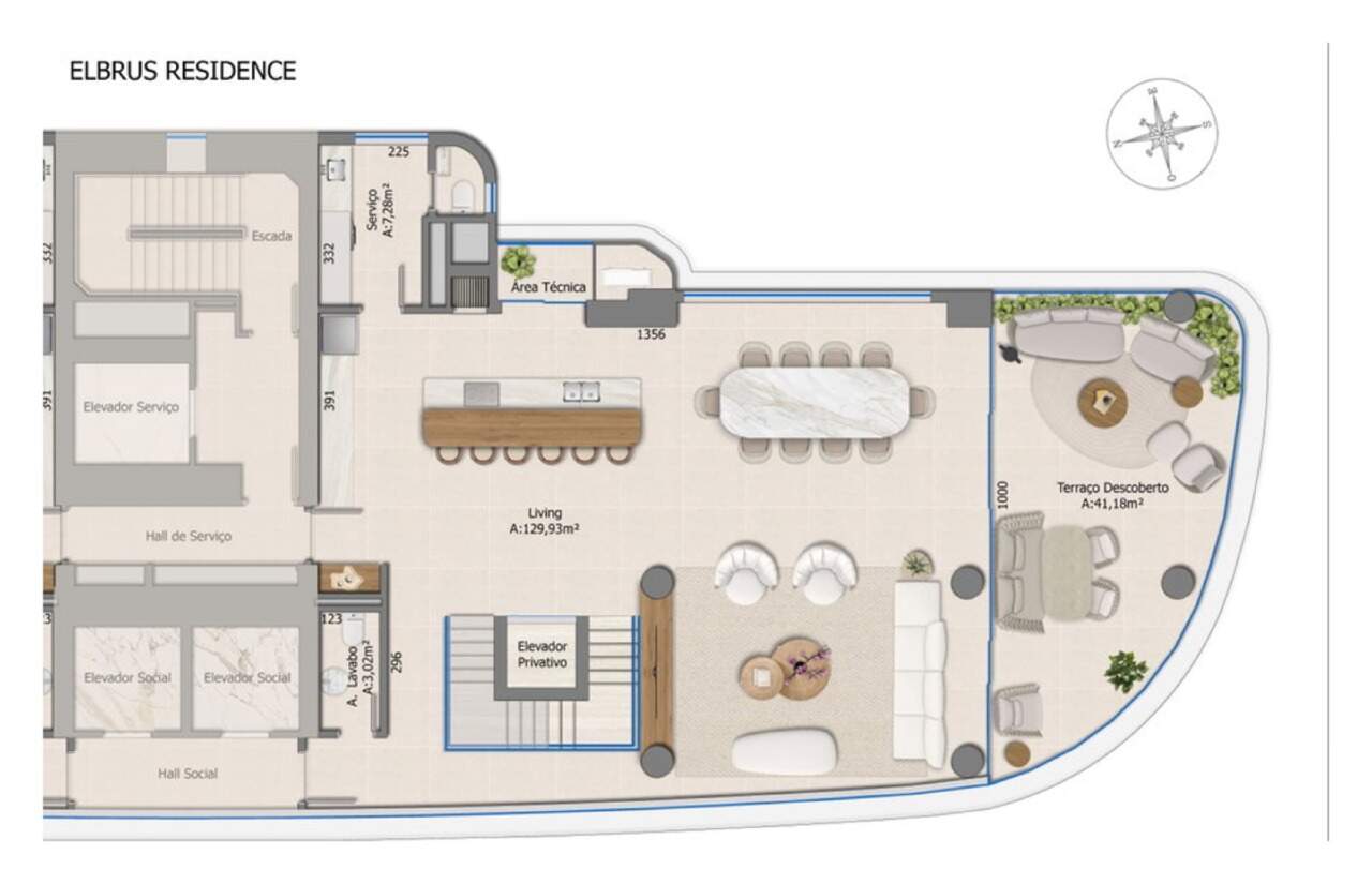 Cobertura à venda no Centro: Planta do pavimento social: living de 129,93 m², lavabo, serviço e terraço descoberto