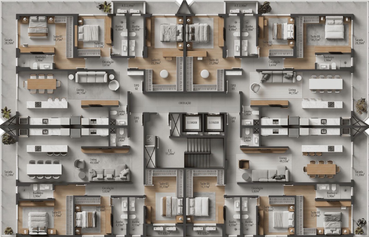Apartamento à venda no Praia Brava: Pavimento tipo: a planta de 165 m² ocupa os finais 02 e 03 (imagem ilustrativa)