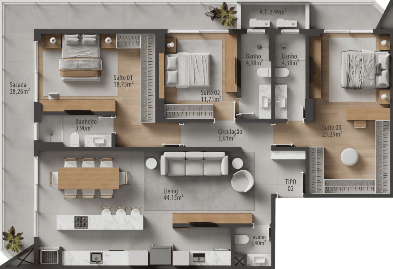 Apartamento à venda no Praia Brava: Planta do final 02 do Zãya Brava: 165 m² privativos com 3 suítes (imagem ilustrativa)