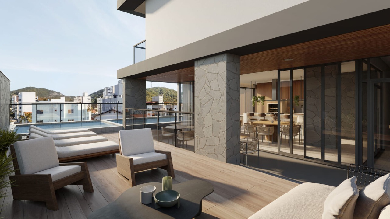 Apartamento à venda no Praia Brava: Piscina com deck e espreguiçadeiras no lazer do Zãya Brava (imagem ilustrativa)