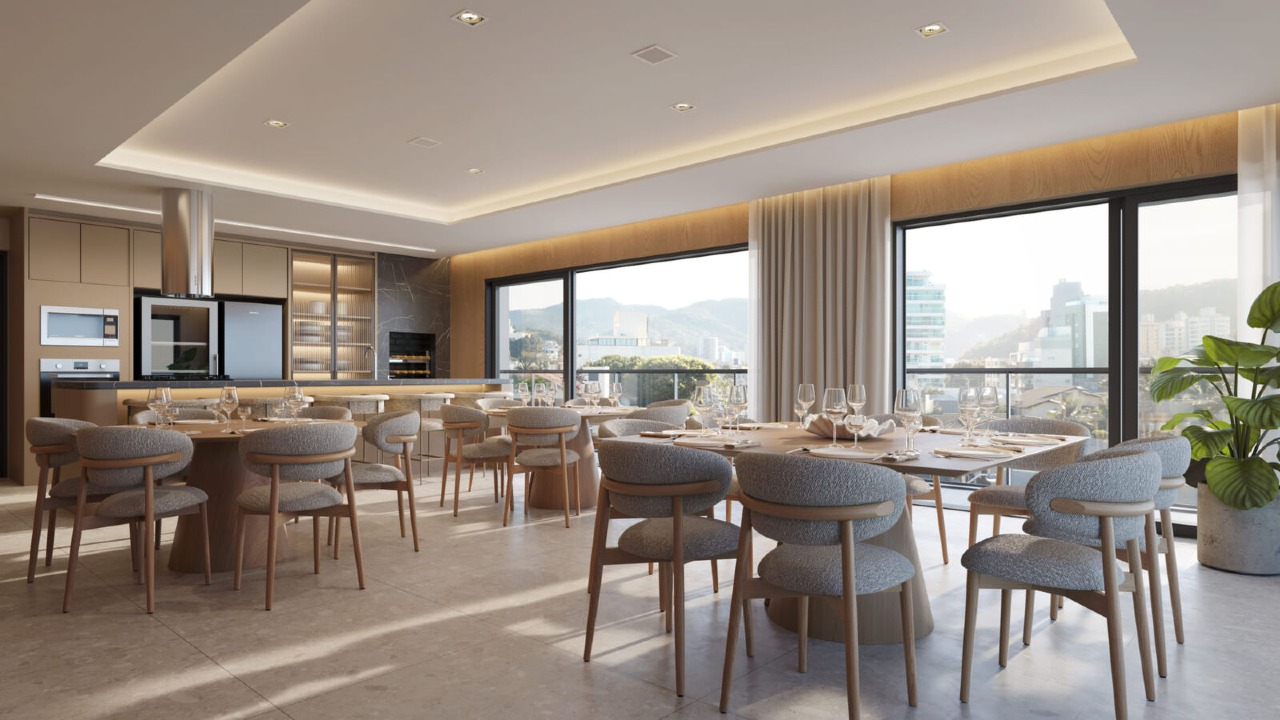 Apartamento à venda no Praia Brava: Espaço gourmet com mesas, cozinha equipada e janelas amplas (imagem ilustrativa)