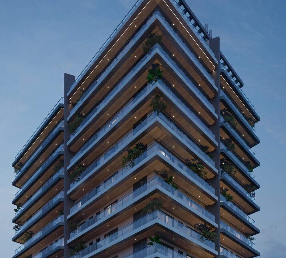 Cobertura à venda no Praia Brava: Coroamento da torre à noite, no nível das coberturas duplex (imagem ilustrativa)