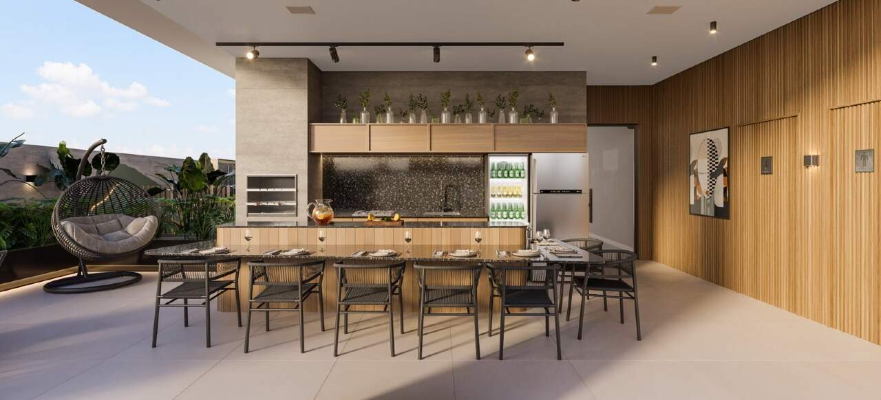 Apartamento diferenciado à venda no Fazenda: Gourmet externo com mesa comunitária (imagem ilustrativa)