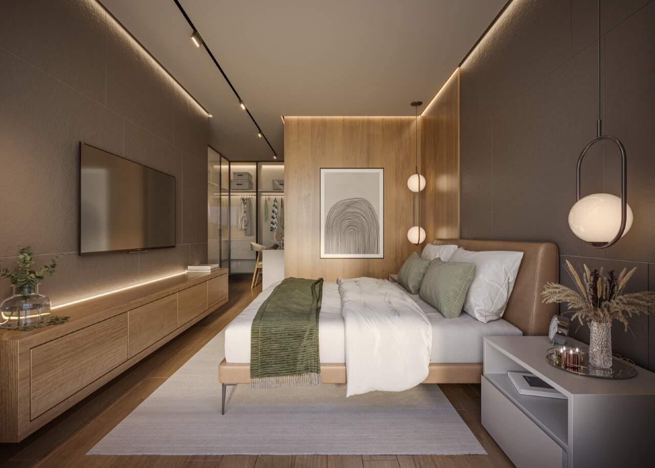 Apartamento diferenciado à venda no Fazenda: Suíte master com closet e painel de madeira (imagem ilustrativa)