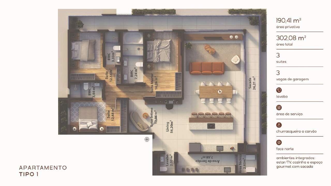Apartamento à venda no Praia Brava: Planta do apartamento tipo 1: 190,41 m², 3 suítes e sacada com churrasqueira (ilustrativa)