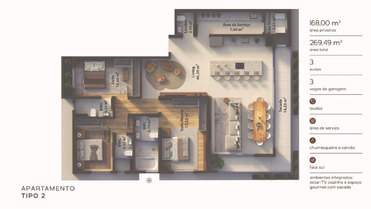 Apartamento à venda no Praia Brava: Planta do apartamento tipo 2: 168 m², 3 suítes e sacada com churrasqueira (ilustrativa)