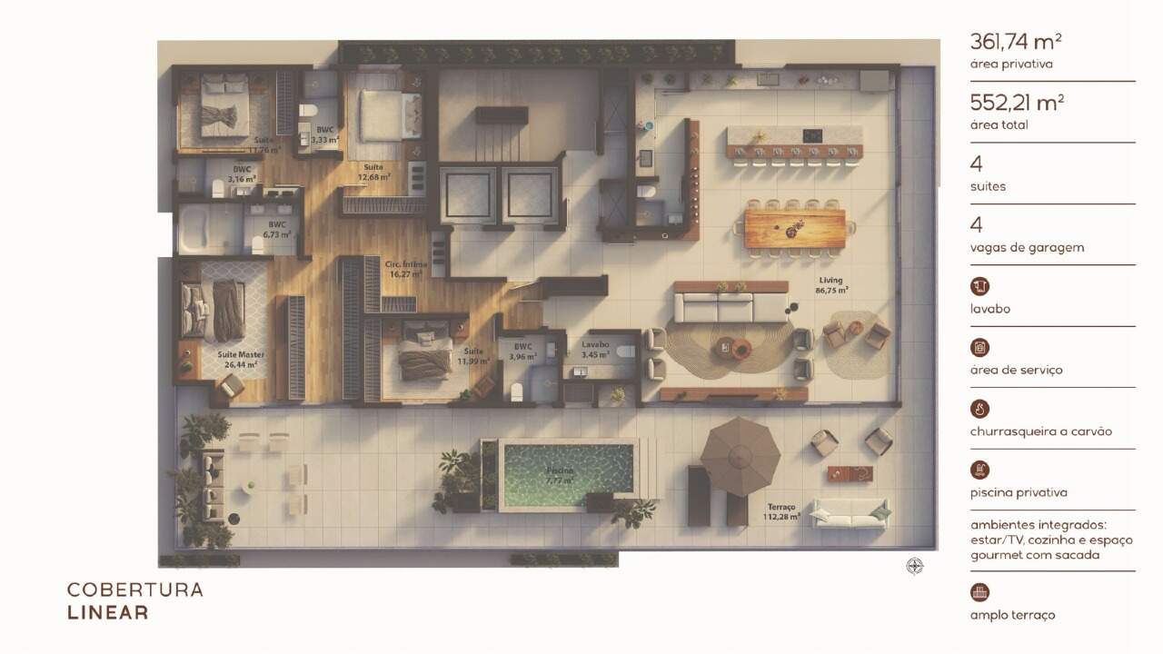 Cobertura à venda no Praia Brava: Planta da cobertura linear: 361,74 m², 4 suítes, terraço e piscina privativa (ilustrativa)